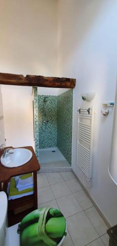 uma casa de banho com um chuveiro, um lavatório e um chuveiro em Honfleur à deux em Honfleur