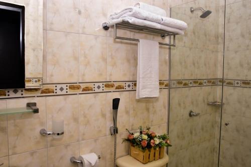 a bathroom with a shower and a toilet with flowers on it at Hotel Prado Real in Barranquilla