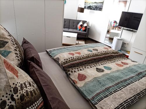 un sofá con 2 almohadas en la sala de estar en BodenSEE Apartment Meckenbeuren Neuhaldenstrasse, en Meckenbeuren