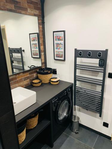 une salle de bain avec une machine à laver et un lavabo dans l'établissement La Loge des Artistes, à Honfleur
