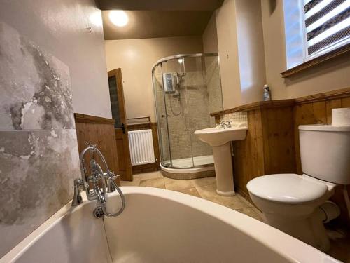 a bathroom with a tub and a toilet and a sink at Park Terrace Professional Let in Bedlington