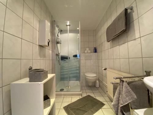 a bathroom with a shower and a sink and a toilet at Ferienwohnung Traumreich in Bad Harzburg