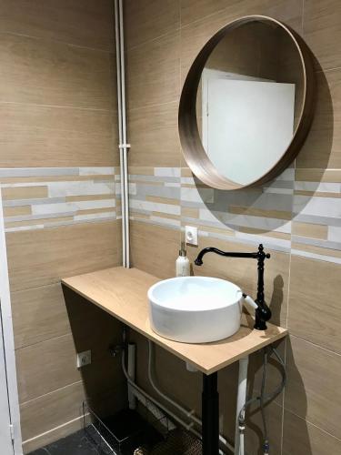 une salle de bain avec un lavabo et un miroir dans l'établissement Superbe appartement 2min des thermes, 20min pistes, à Trébons