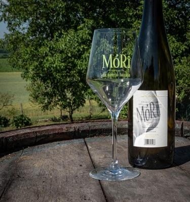 a wine glass sitting next to a bottle of wine at Hortenzia Vendégház Mór in Mór
