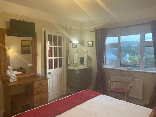 a bedroom with a bed and a desk and a window at Buttermilk Lodge in Clifden