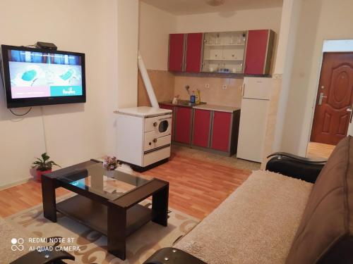 sala de estar con sofá, mesa y TV en apartman berane, en Berane