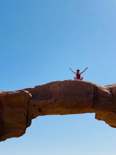 a person sitting on top of a tree branch at golden day in Wadi Rum