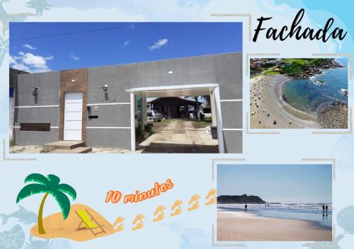 a collage of pictures of a beach and a house at Hostel Pedacinho do Céu in Itanhaém