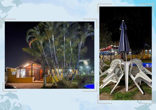 duas fotos de um parque infantil com guarda-sol e cadeiras em Hostel Pedacinho do Céu em Itanhaém