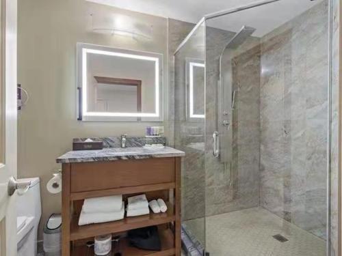 a bathroom with a shower and a sink at Sunny Tranquil Woods Turret in Falcon Crest Lodge in Canmore