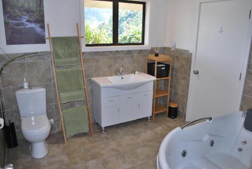 a bathroom with a toilet and a sink and a tub at Kea Ridge King Ensuite Room in Riwaka