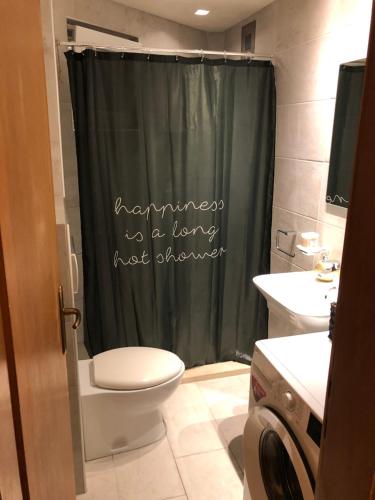 a bathroom with a green shower curtain and a toilet at Vanessa Apartment in Budva