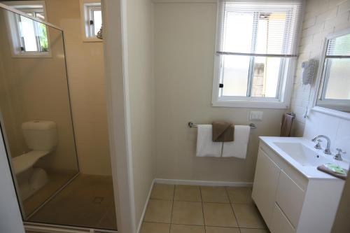 a bathroom with a shower and a sink and a toilet at Tropic Coast Motel in Mackay