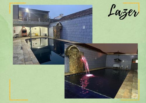 a picture of a swimming pool with a water fountain at Pousada&Hostel Lincoln Praia Grande in Praia Grande