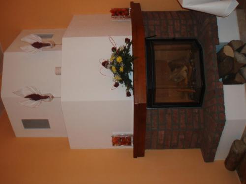 a room with a fireplace with a vase of flowers at Hotel u Kapra in Lázně Bělohrad