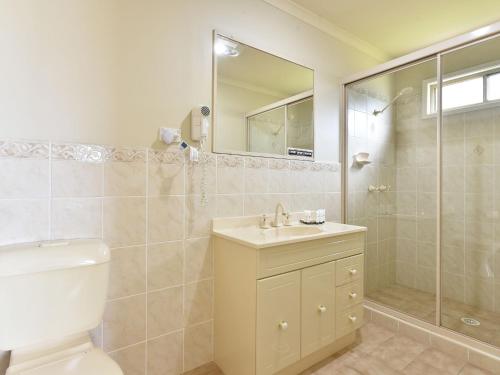a bathroom with a toilet and a shower and a sink at Palmers Lane Vineyard Cottage in Rothbury