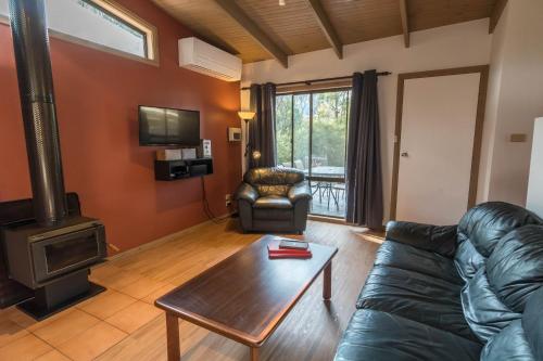 a living room with a couch and a wood stove at Wonderland Cottages in Halls Gap