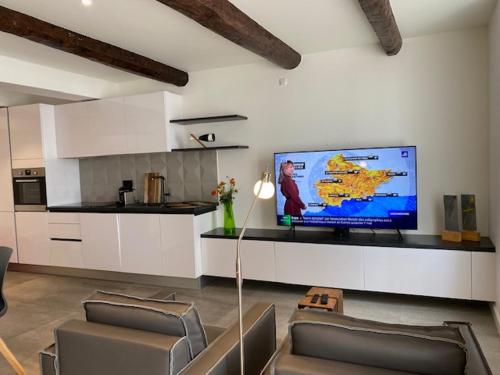 Il comprend un salon avec une télévision à écran plat et une cuisine. dans l'établissement M.M.R. Au cœur de la vie cannoise, à Cannes