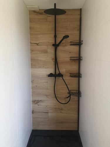 een douche in een badkamer met een houten muur bij A l'orée du bois in Romanswiller