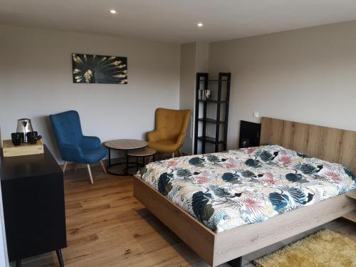 een slaapkamer met een bed en stoelen erin bij A l'orée du bois in Romanswiller