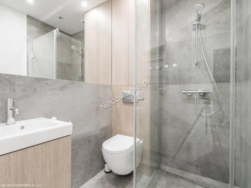 a bathroom with a shower and a toilet and a sink at Pensjonat Przedwiośnie in Jurata