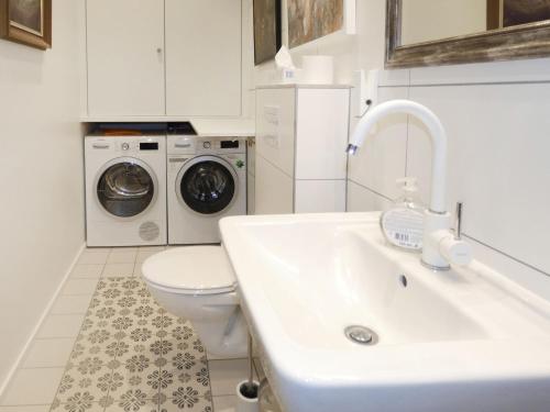 a bathroom with a sink and a toilet and a washing machine at Holiday Home Grenzenlos by Interhome in Bad Brambach