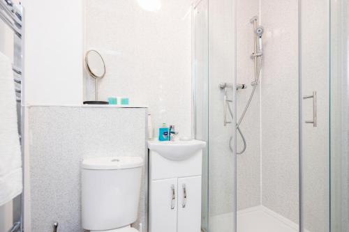 a bathroom with a shower and a toilet and a sink at Beautiful 1-Bed Apartment in London Lewisham in London