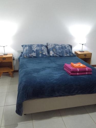 1 cama con edredón azul y 2 mesitas de noche en Ayres Pampeanos, en Santa Rosa