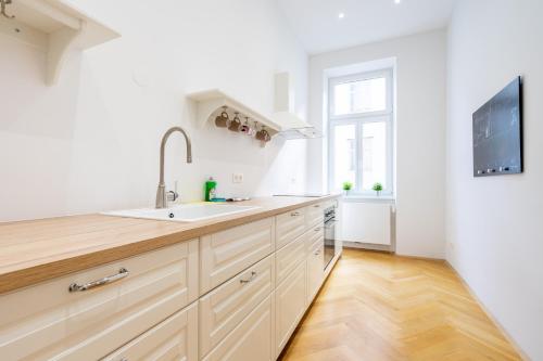 a kitchen with white cabinets and a sink at Gemütliches Apartment beim Sternwartepark in Vienna