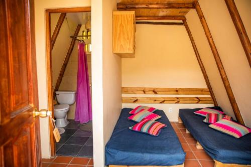 a room with a bed and a toilet in a room at Colibrí Eco Lodge & Camping in La Paz