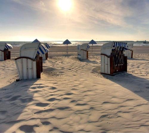 a row of beach chairs in the sand on a beach at bel-appartement-avec-terrasse in Bad Schwartau