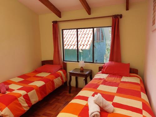 two beds in a room with a window at Colibrí Eco Lodge & Camping in La Paz