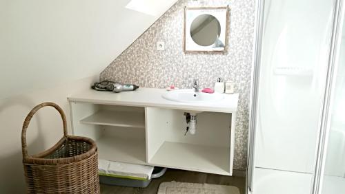 une salle de bain avec un lavabo et un miroir dans l'établissement Maison confortable à Questembert avec jardin, à Questembert
