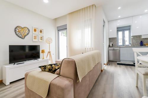 a living room with a couch and a tv at Tiana Apartment - City Centre with Terrace in Viana do Castelo