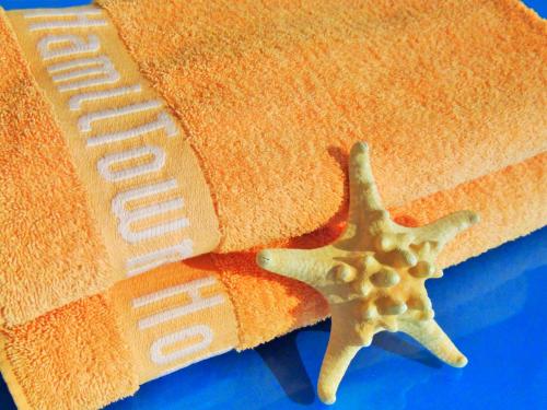 a toy starfish next to a towel and a toothbrush at Hotel HamilTown in Cattolica