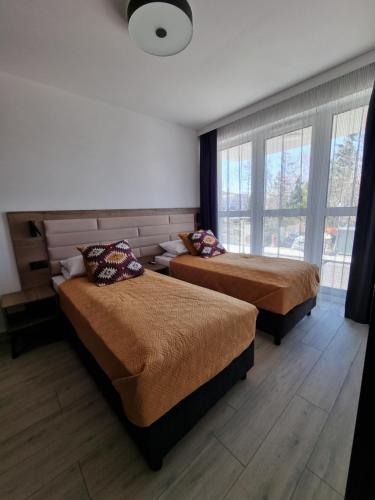 Apartament Hala Kamienicka في بييلسكو بياوا: غرفة نوم بسريرين ونافذة