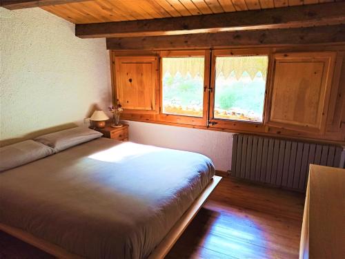 a bedroom with a bed and two windows at Molí de Dalt in La Coma i la Pedra
