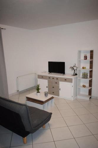 un salon avec une télévision et un canapé dans l'établissement Le gîte de la palmeraie, à Étauliers