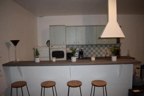 una cucina con 4 sgabelli e piano di lavoro di Le gîte de la palmeraie a Étauliers