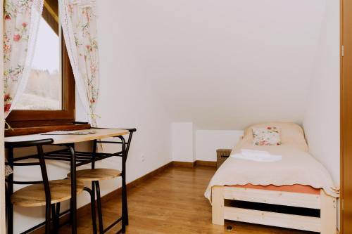 1 dormitorio con cama, escritorio y mesa en Słoneczna Chałupka en Zawoja