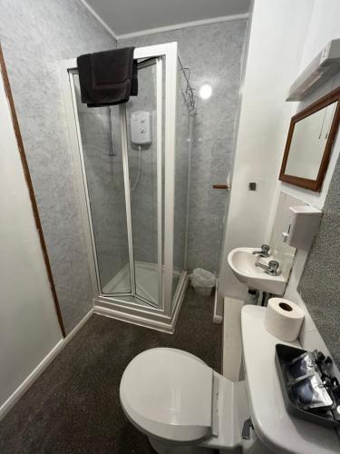 a bathroom with a shower and a toilet and a sink at Dunarle Guesthouse in Oban