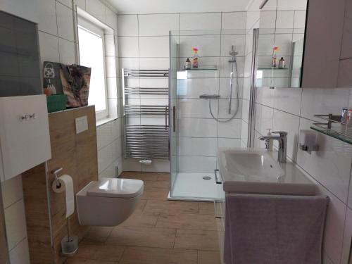 a bathroom with a shower and a toilet and a sink at Exklusive FeWo Papenburg mit Terrasse & beheiztem Wintergarten in Papenburg