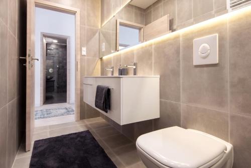 bagno con servizi igienici e lavandino di Holló 3 Bedroom Downtown Apartment a Budapest