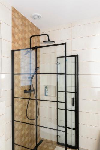 a shower with a glass door in a bathroom at Słoneczna Chałupka in Zawoja