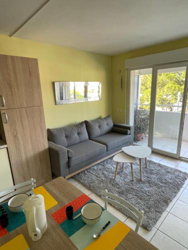 un salon avec un canapé et une table dans l'établissement LUMINEUX 2 PIECES, TERRASSE, GARAGE PRIVE, en BORD DE MER, à Villeneuve-Loubet
