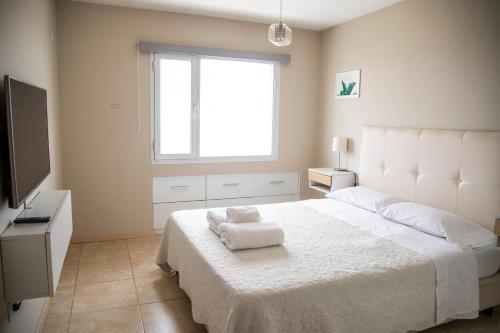 Vistas del Sur - Un dormitorio - LV في نيوكين: غرفة نوم بسرير ابيض كبير ونافذة