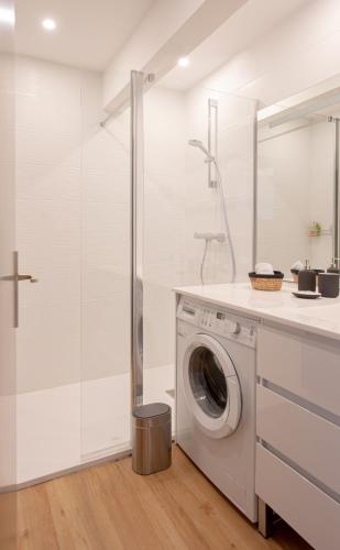 une machine à laver dans une salle de bain avec douche dans l'établissement Le Champollion - Clim - Gare - Garage - Balcon, à Albi