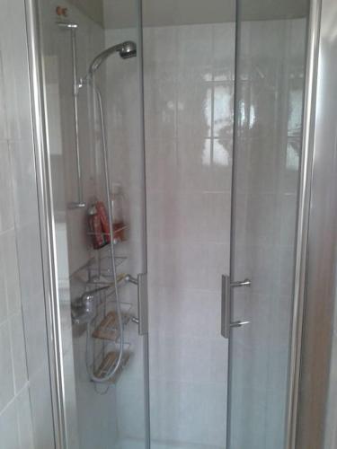 une douche avec une porte vitrée dans une salle de bain dans l'établissement Hilltop Haven - privacy, views and starry nights, à Estoublon