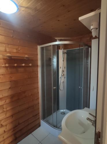 uma casa de banho com um chuveiro e um lavatório. em Gite de 4 mitoyen 2 plus 2 Fécamp Etretat em Colleville