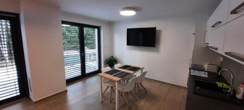 a kitchen with a table and chairs in a room at Apartmány Aktiv Lipno in Lipno nad Vltavou